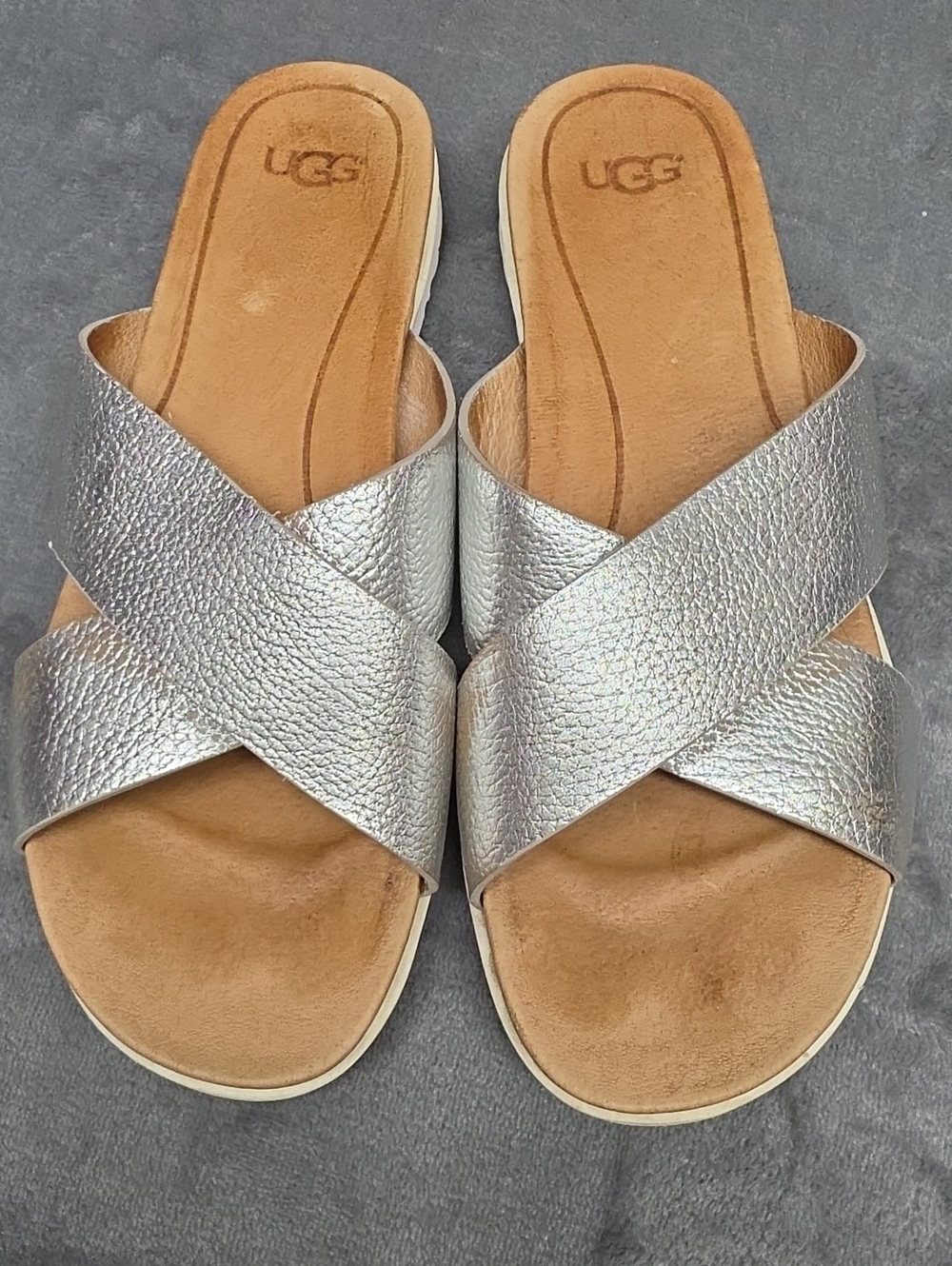 UGG Women's Metallic Silver Cross-Strap Slide Sandals